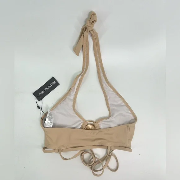 NWT PrettyLittleThing Beige Tan Stone Halter Neck Shell Trim Bikini Top UK4 US0 - Picture 8 of 10